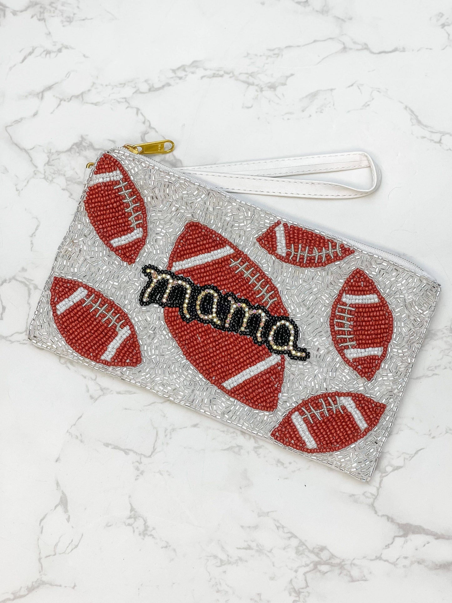 Glitzy Football Mama Beaded Zip Wristlet