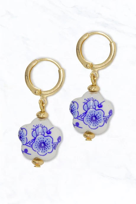Blue Porcelain Vintage Style Hoop Earrings