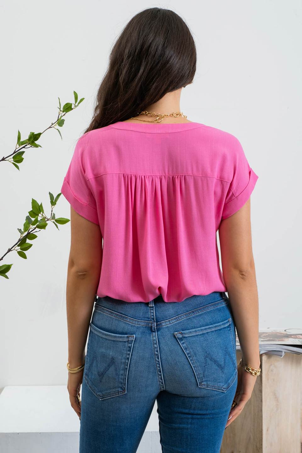 Fuscia Rolled Sleeve Woven Top