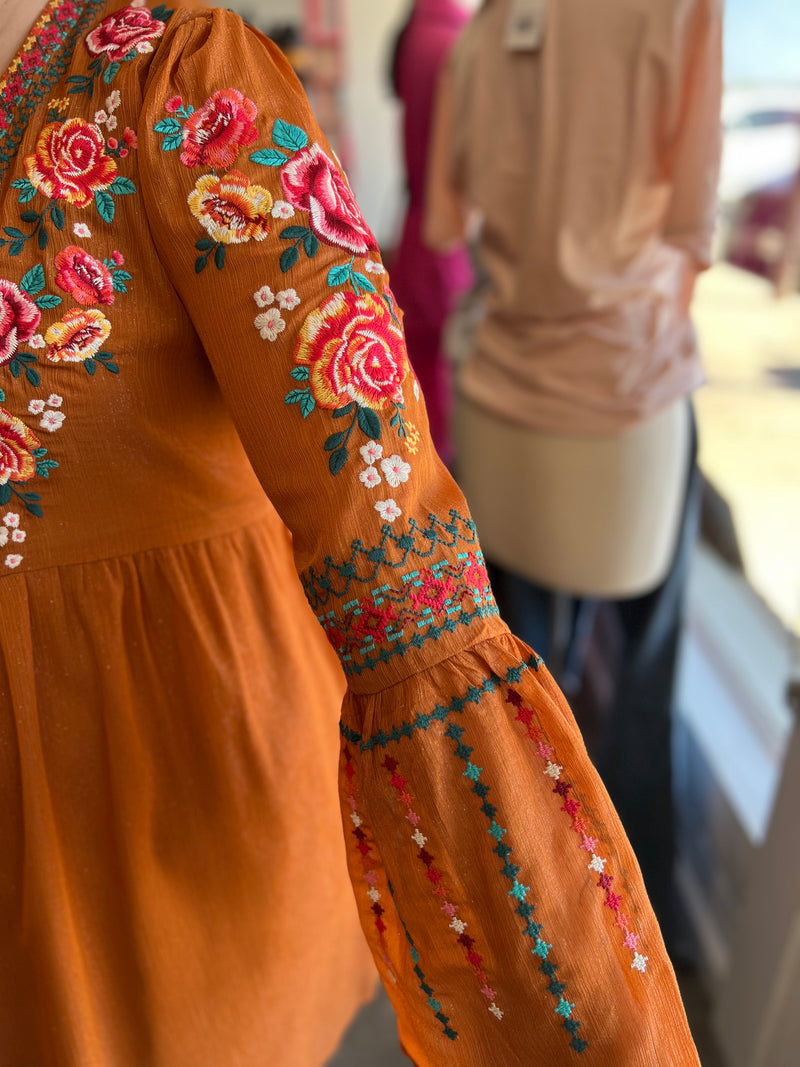 rust embroidered dress Rust Embroidered Mini Dress Large