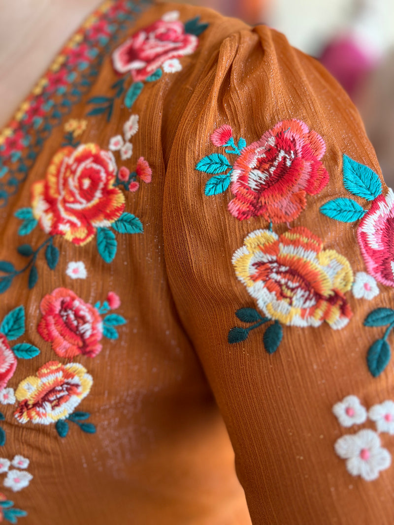rust embroidered dress Emmy V Neck Embroidered Mini Dress, Rust