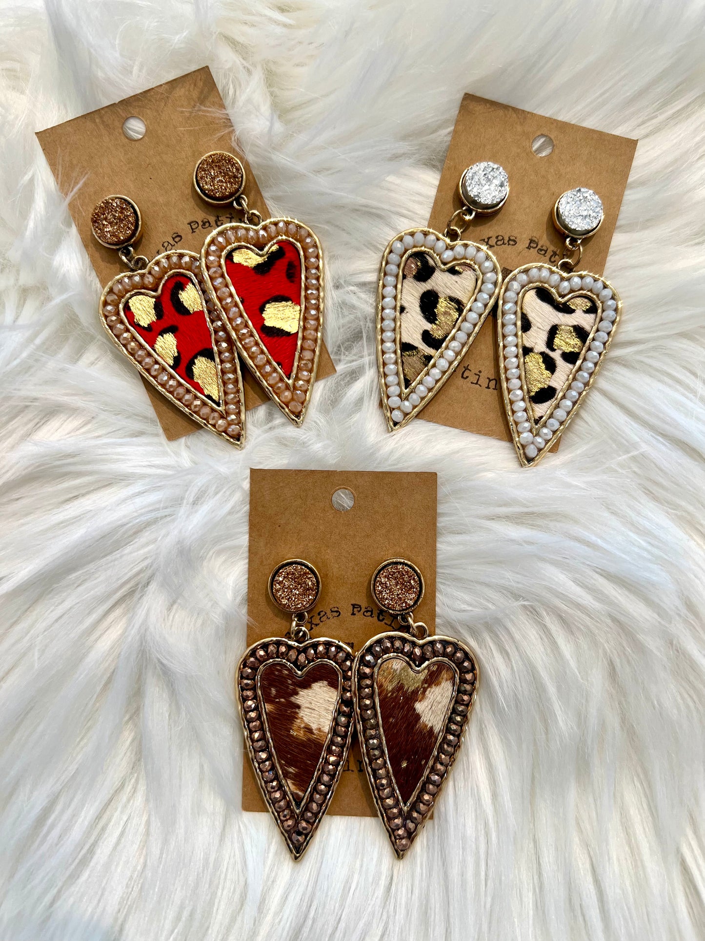 Beaded and Animal Print Long Heart Earrings