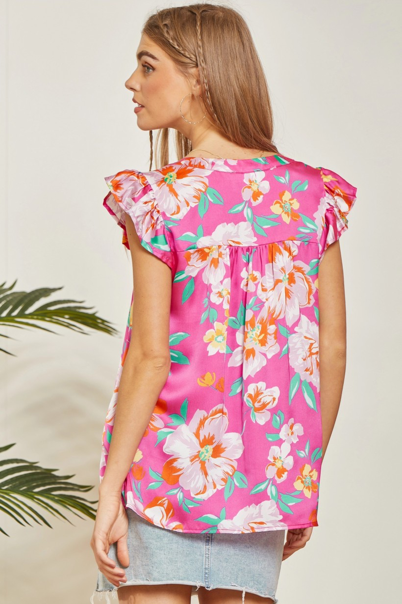 Pink Tropical Floral Flutter Sleeve