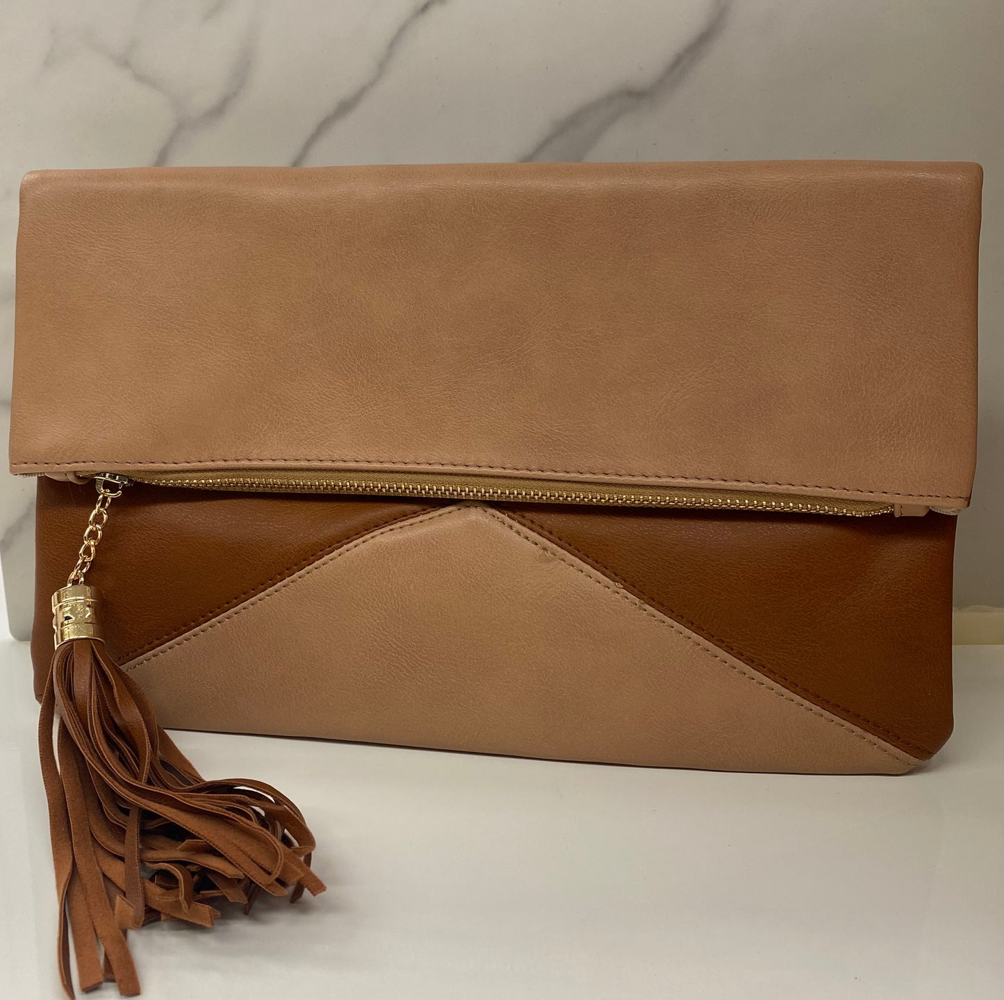 Brown Zipper Foldover Clutch