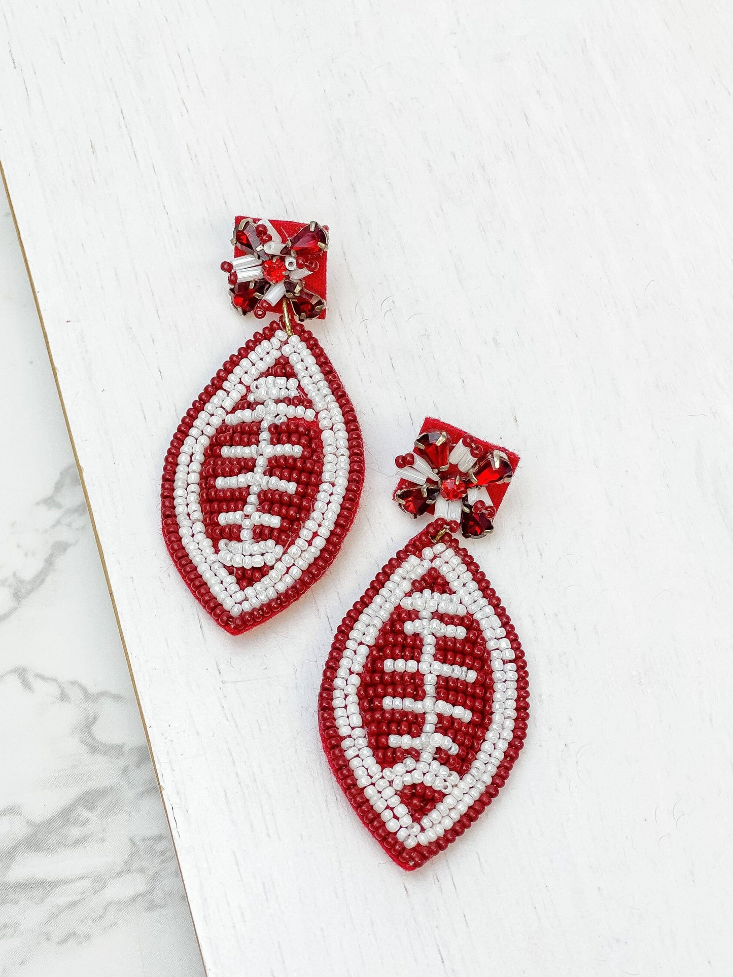 Glitzy Post Football Dangle Earrings - Burgundy & White