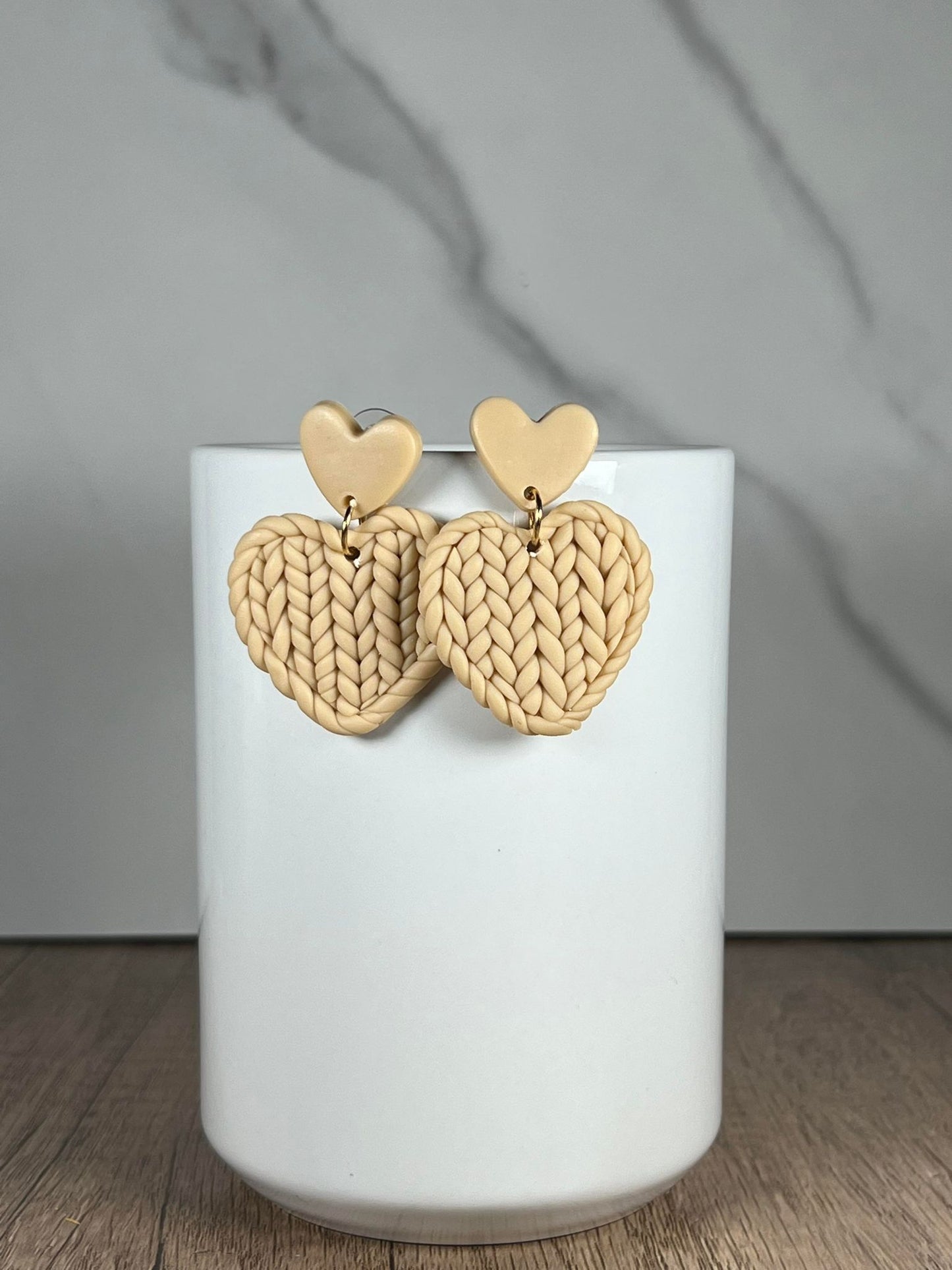 Cream Woven Heart Earrings