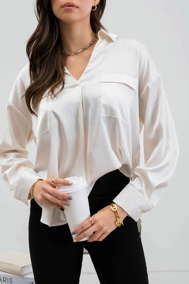 White Solid Satin Split Neck Long Sleeve Top