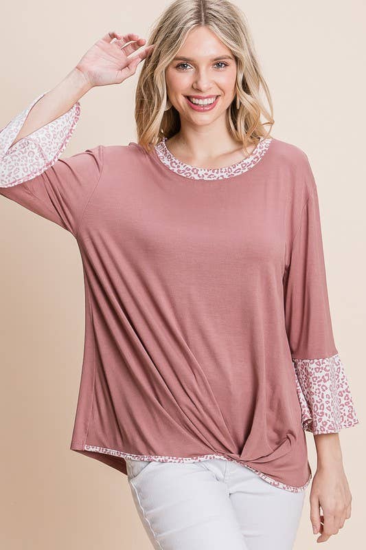 Animal Print Bell Sleeves Gathered Hem Top