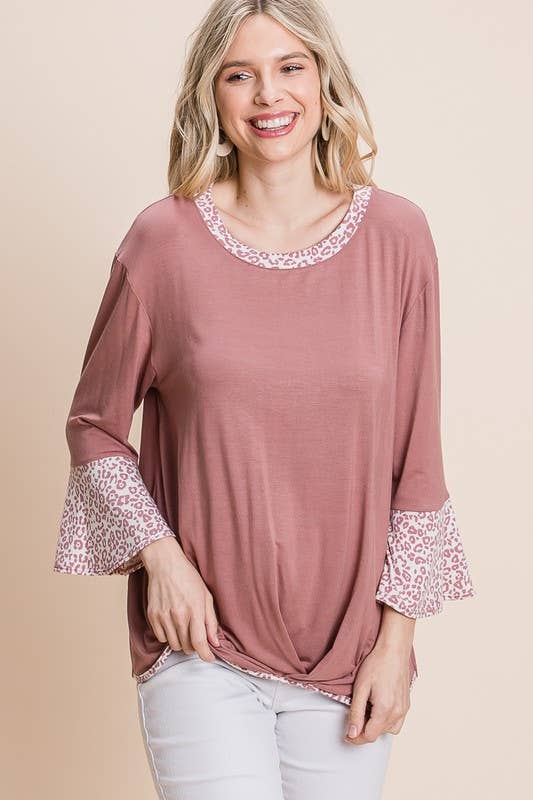 Animal Print Bell Sleeves Gathered Hem Top