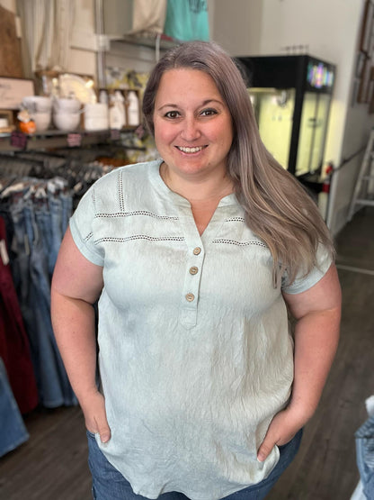 Crochet Lace Trim Short Sleeve Henley Blouse Mint