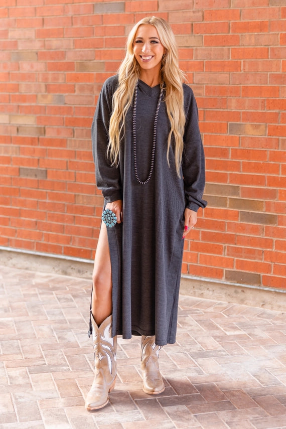 Grey Waffle Weave Hooded Duster Dress