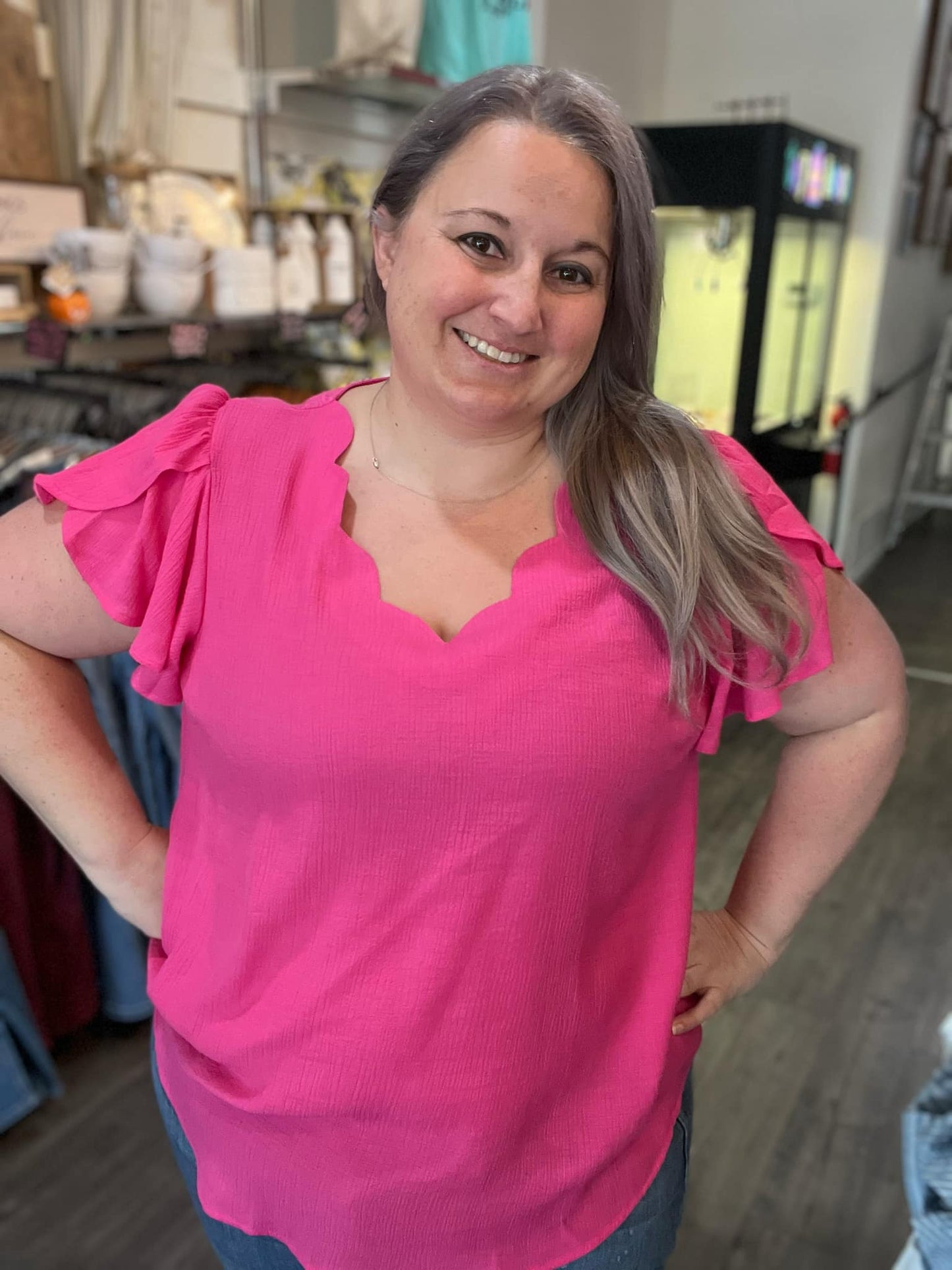 Scallop Neck Blouse Fuchsia