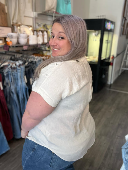 Crochet Lace Trim Short Sleeve Henley Blouse Cream