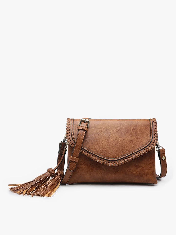 Sloane Flapover Crossbody w/ Whipstitch and Tassel Brown