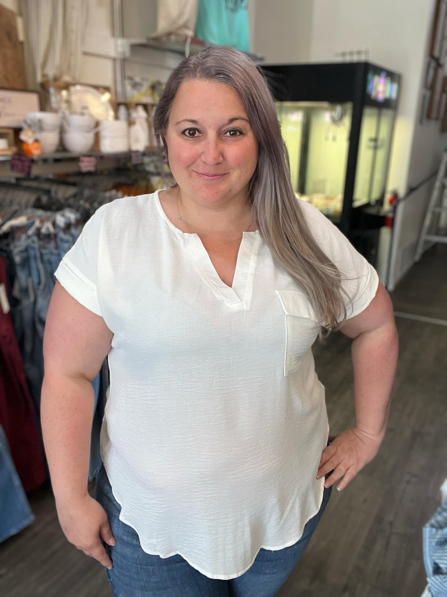 Split Neck Back Button Top Cream