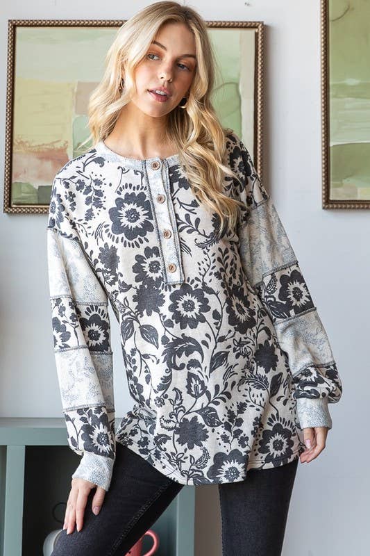 Round Neck Print Reverse Contrast Top