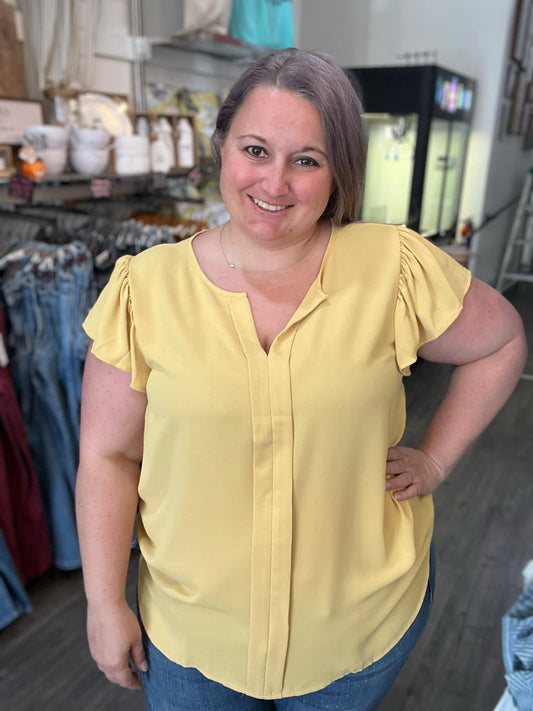 Split Neck Ruffle Sleeve Dusty Yellow