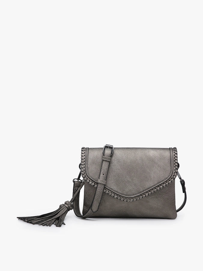 Sloane Flapover Crossbody w/ Whipstitch and Tassel Pewter