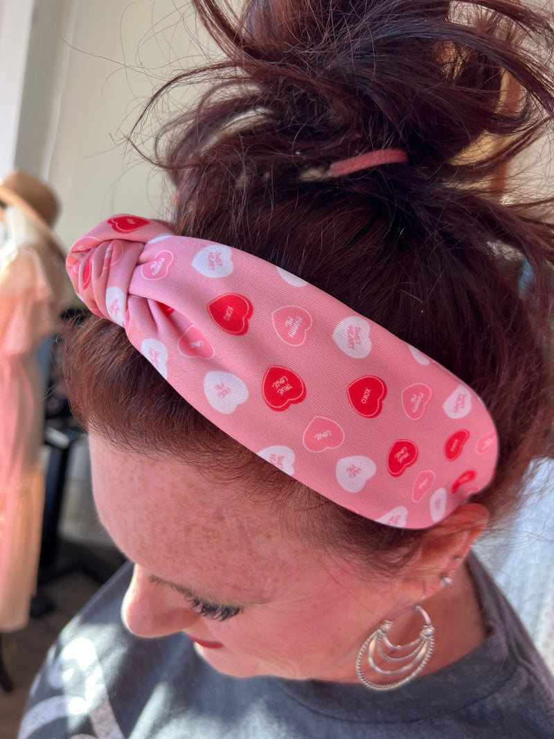 Conversation Heart Red and White Valentines Knot Headband