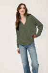 Hooded V Neck Raw Edge Long Sleeve Knit Top