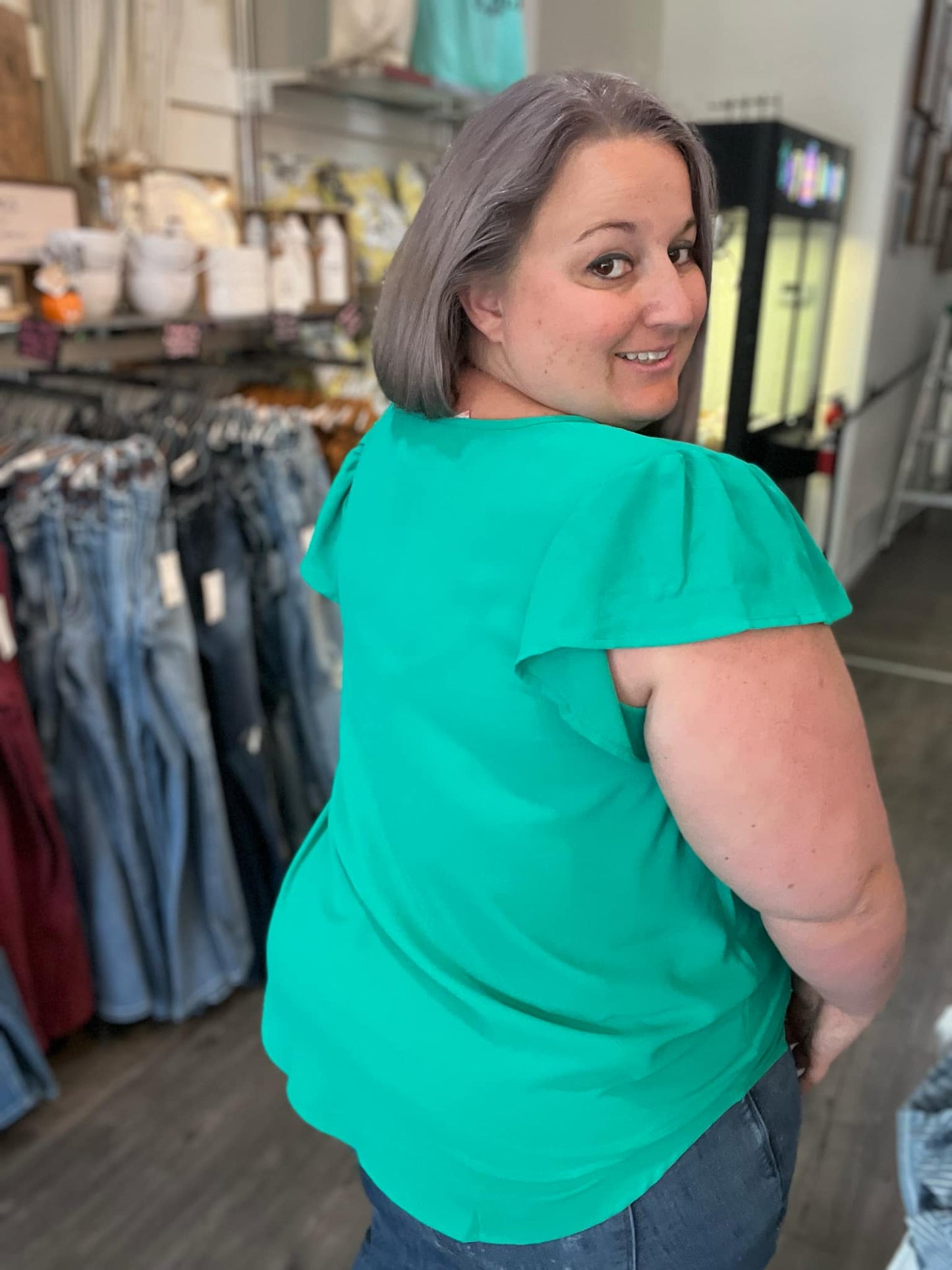 Split Neck Ruffle Sleeve Kelly Green