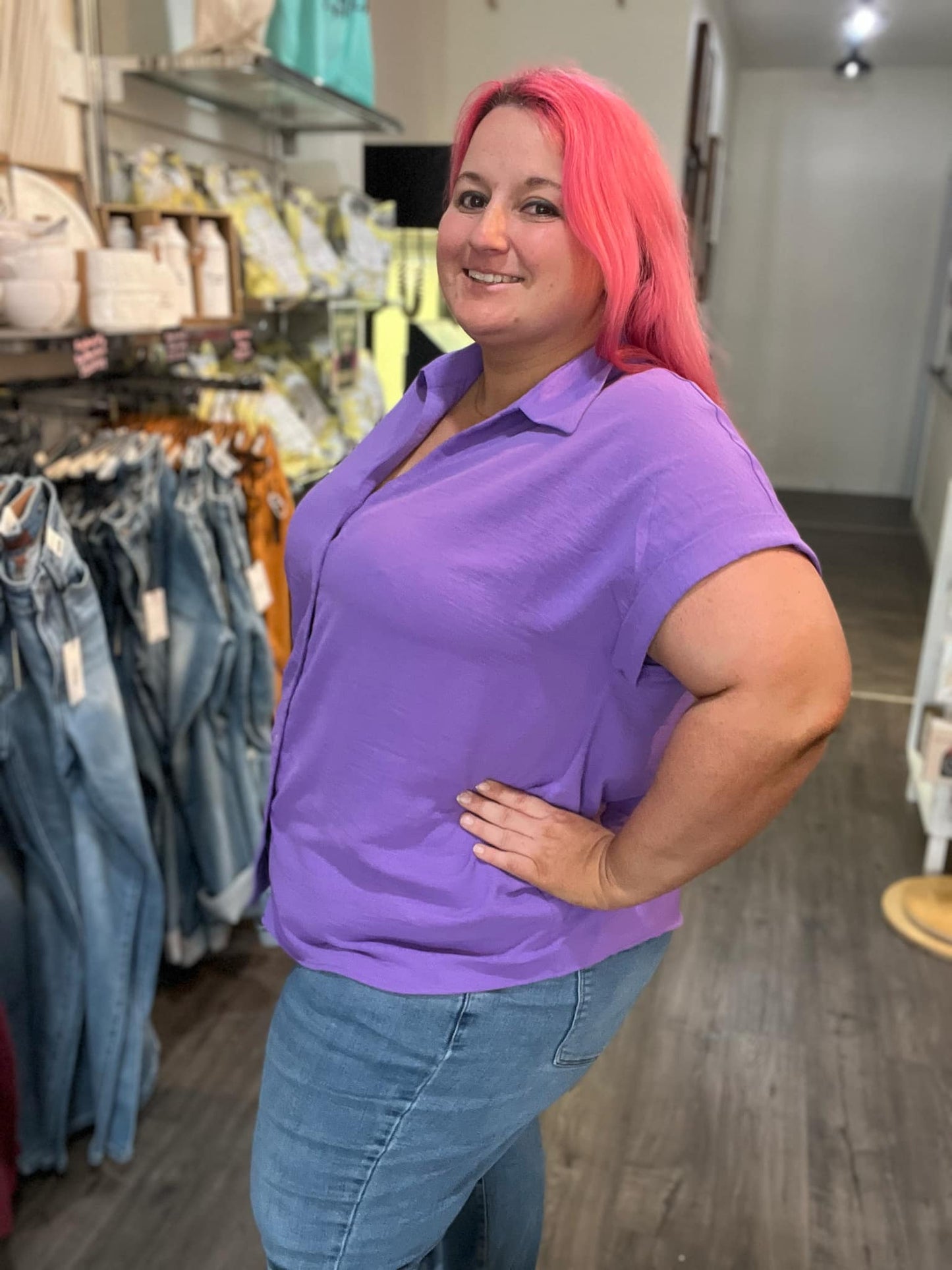 Pleated Button Woven Top Orchid Glow