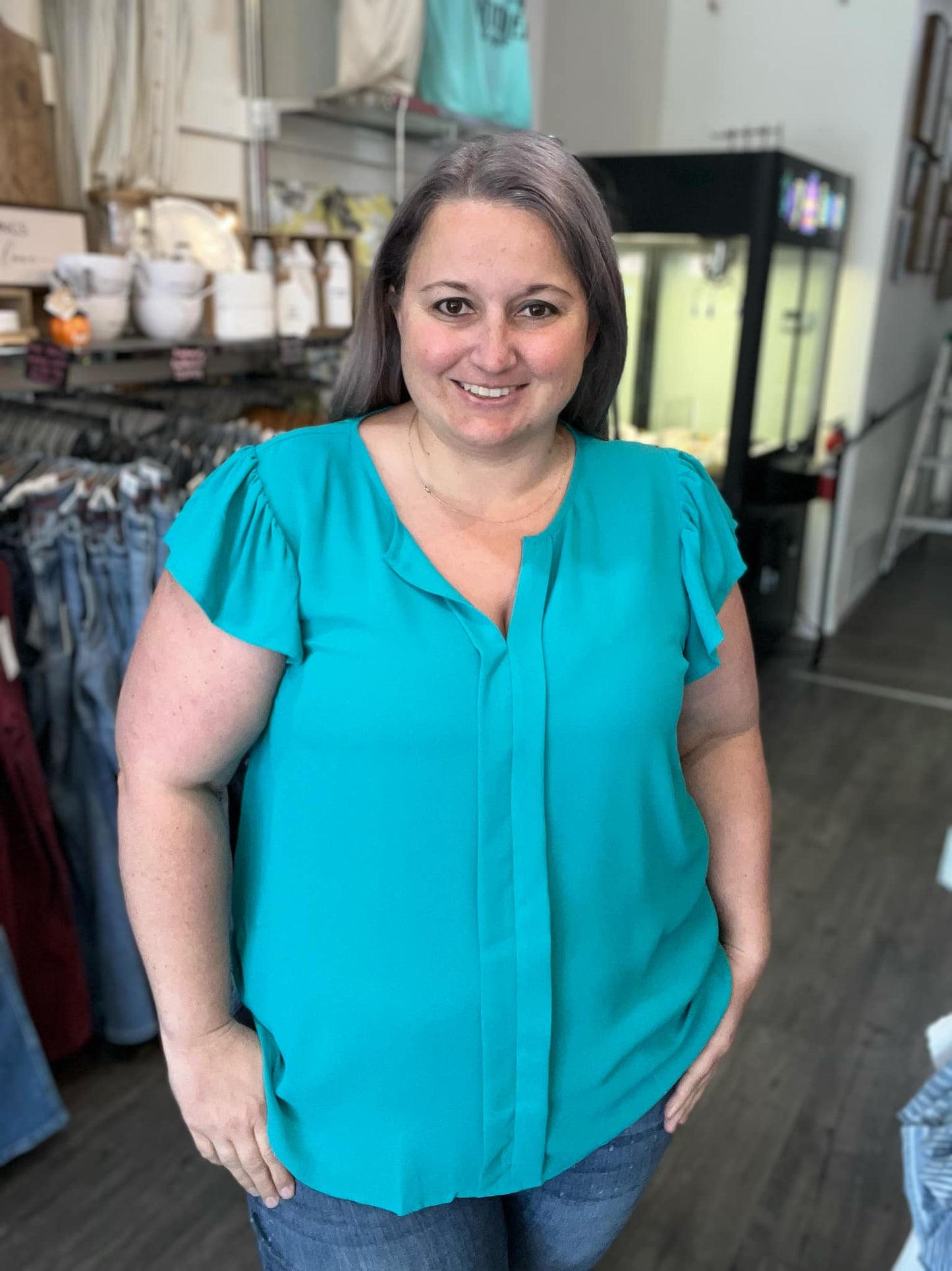 Split Neck Ruffle Sleeve Light Teal