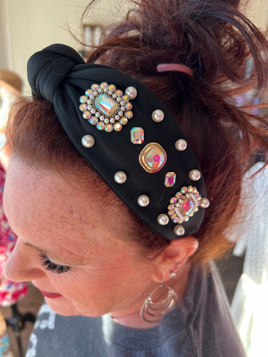 Black Headband with Rhinestones and Pearls