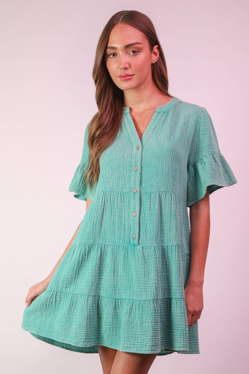 9-Mineral Washed Baby Bell Sleeve Woven Mini Dress