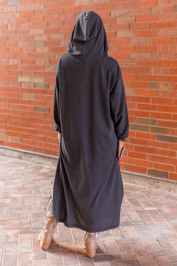 Grey Waffle Weave Hooded Duster Dress