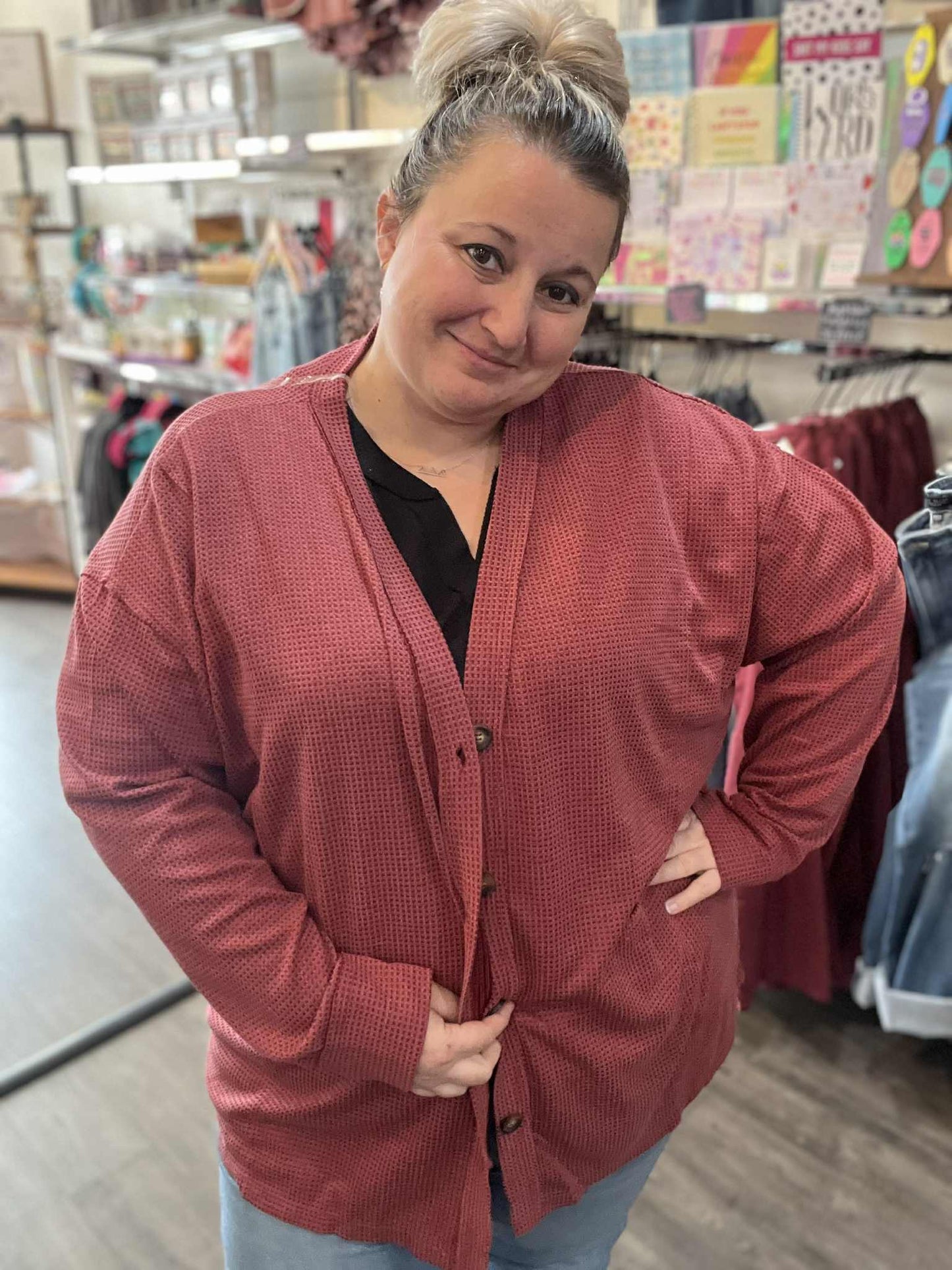 Wine Waffle Weave Cardigan