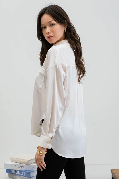 White Solid Satin Split Neck Long Sleeve Top