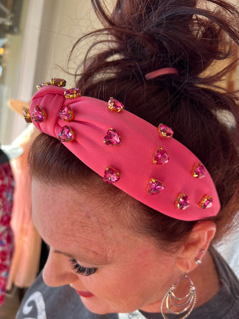 Pink Headband with Heart Rhinestones
