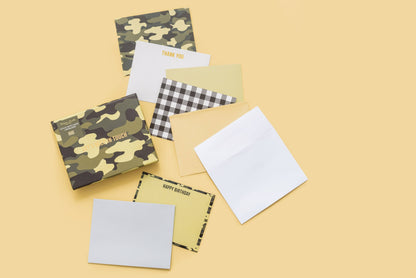 Boxed Notecard Set - Camo + Gingham - 12 Card Set