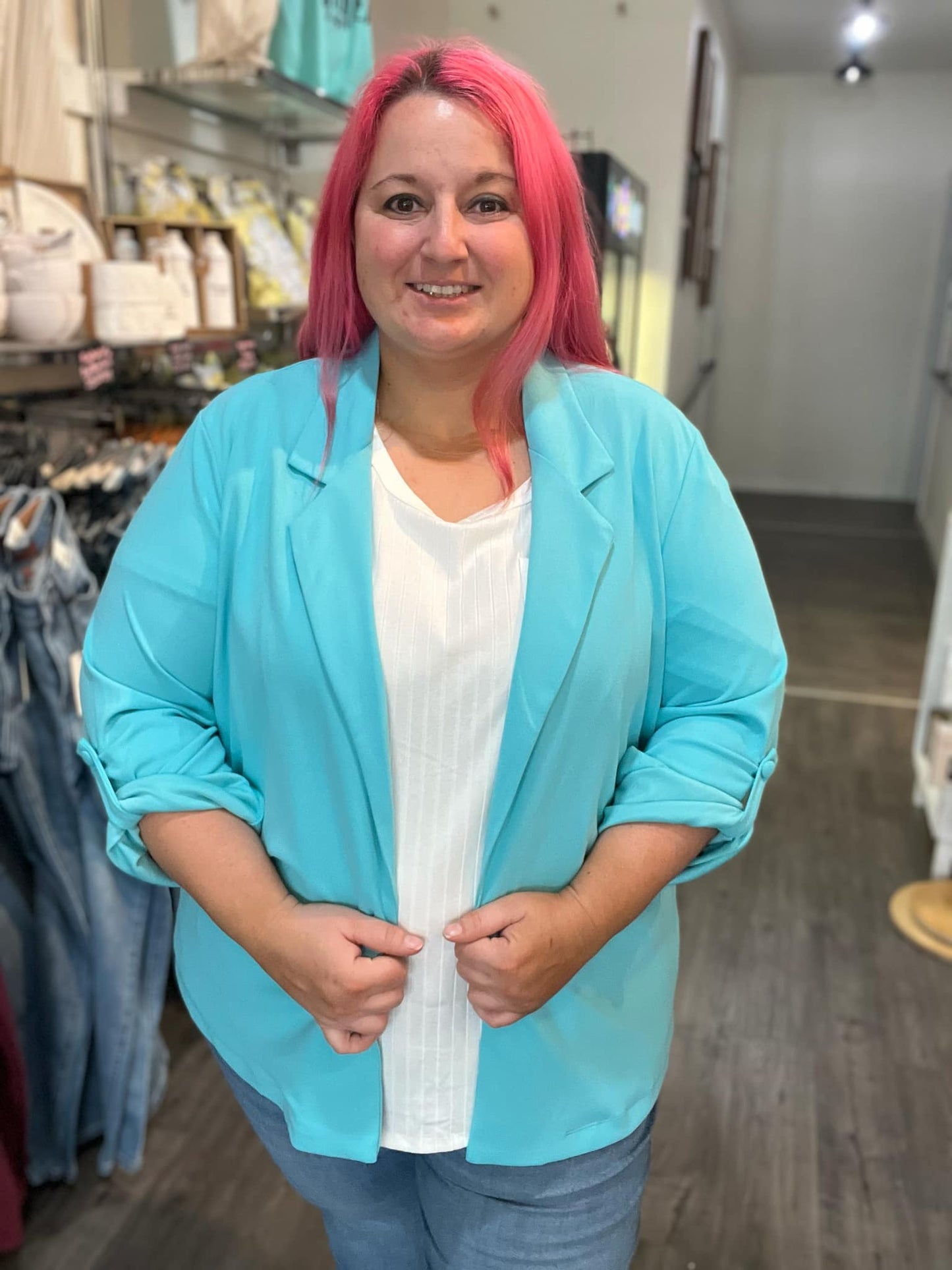 Open Fron Boyfriend Blazer Aqua