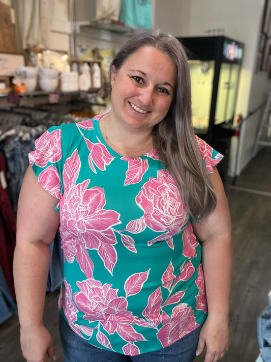 Round Neck Teal and Pink Top