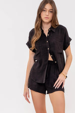 Solid Fold Sleeve Button Down Top Black