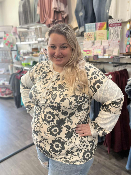 Round Neck Print Reverse Contrast Top