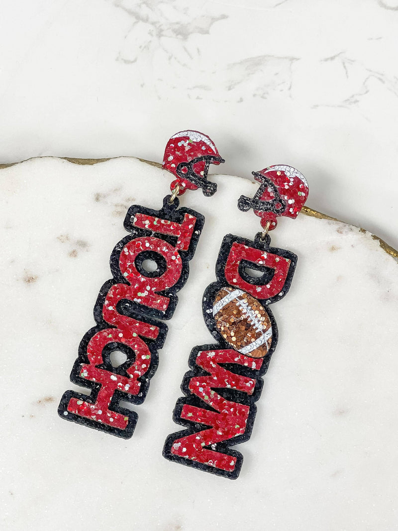 Glitter 'Touch Down' Football Earrings - Burgundy & Black