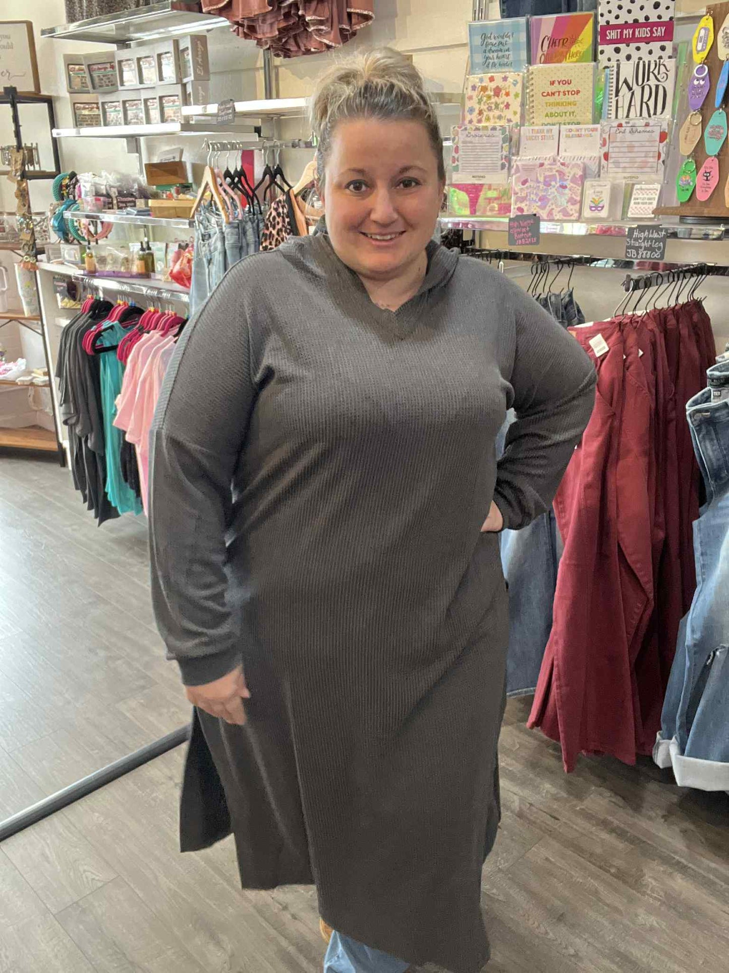 Grey Waffle Weave Hooded Duster Dress