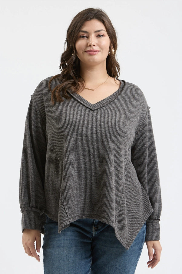 V Neck Asymmetrical Hem Long Sleeve Knit Top