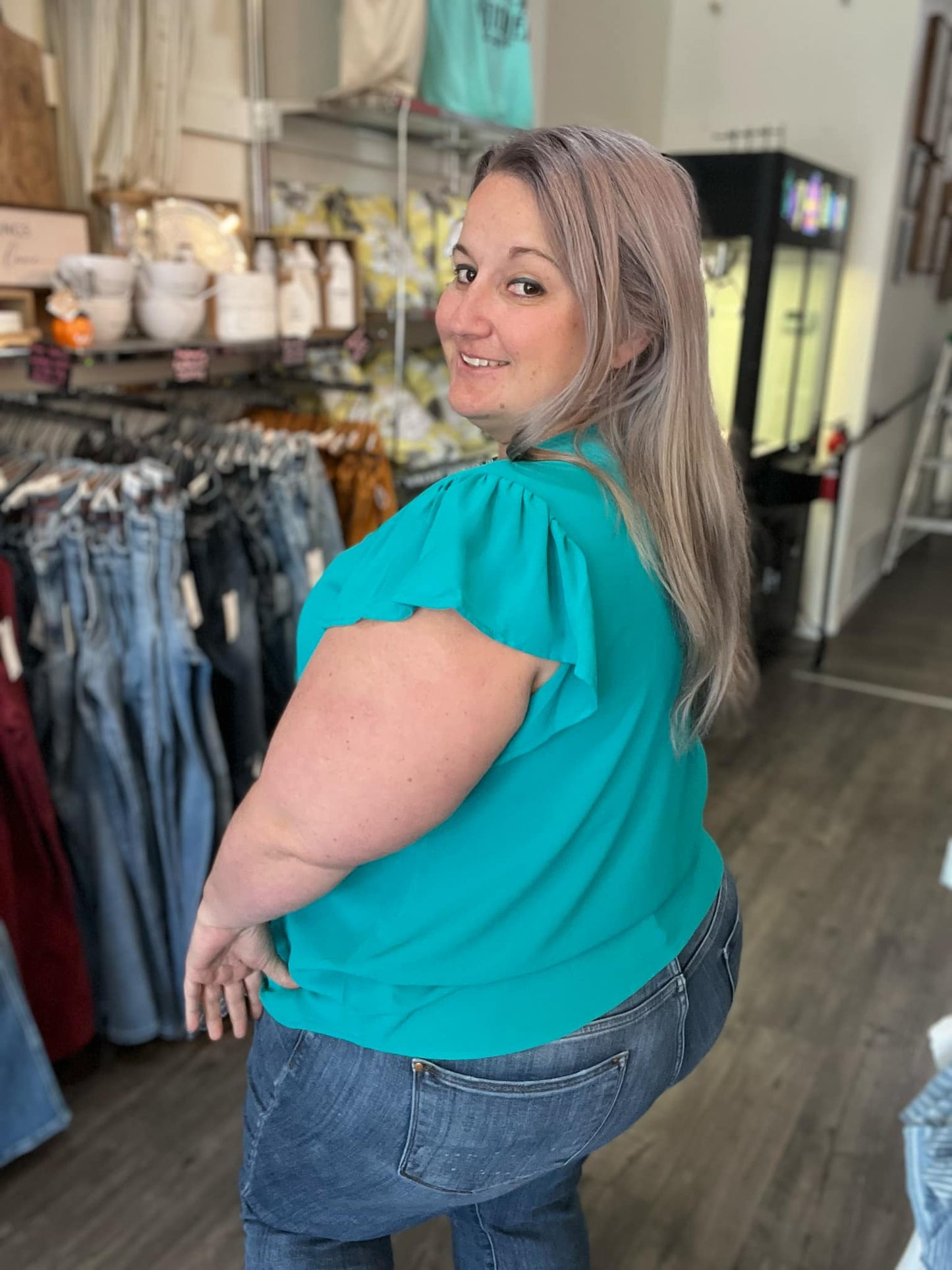 Split Neck Ruffle Sleeve Light Teal