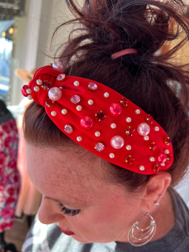 Red Headband with Rhinestones and Pearls