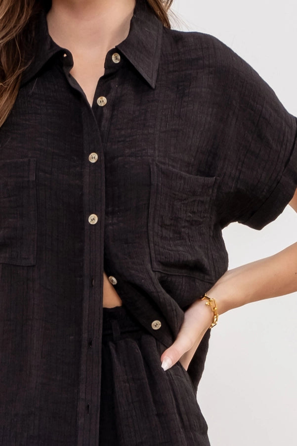 Solid Fold Sleeve Button Down Top Black