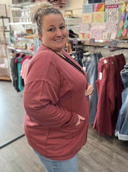 Wine Waffle Weave Cardigan