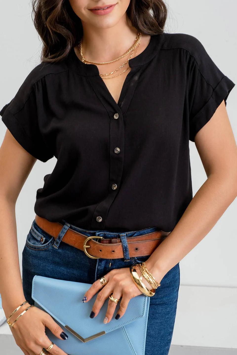 Black Rolled Sleeve Woven Top