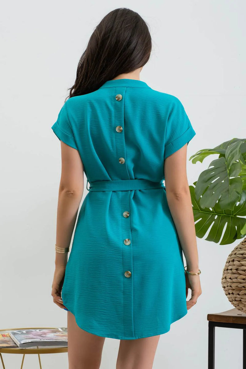 Back Button Belted Mini Dress