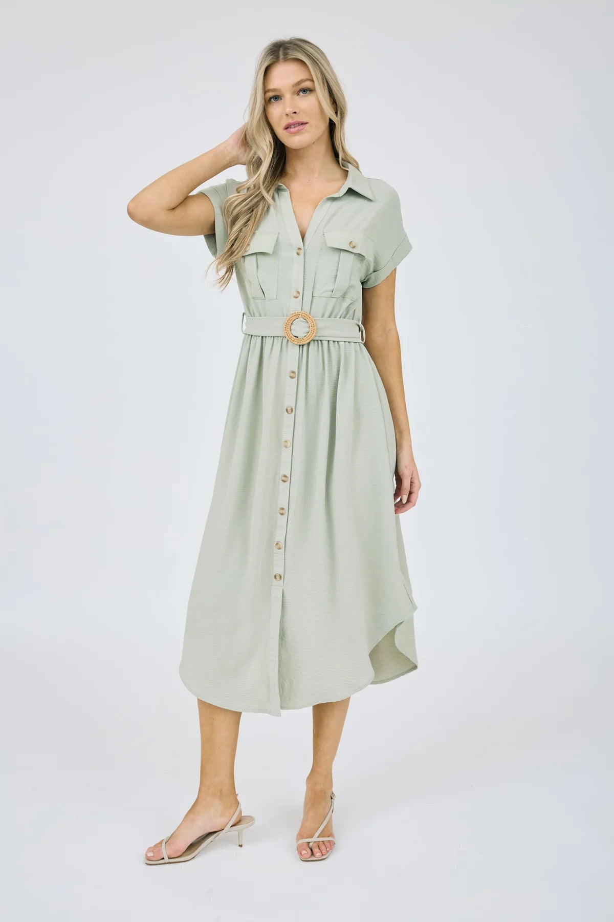 Light Olive Midi Dress with Belt