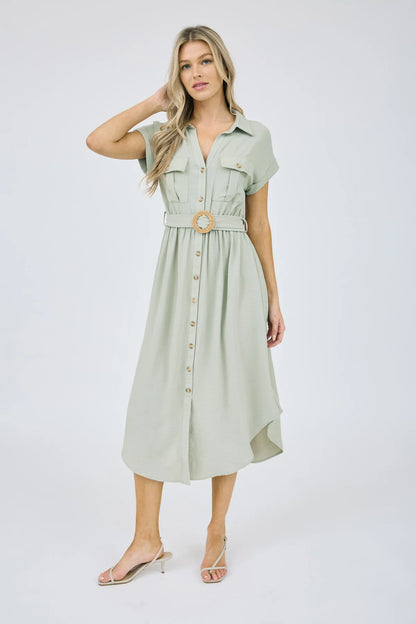 Light Olive Midi Dress with Belt