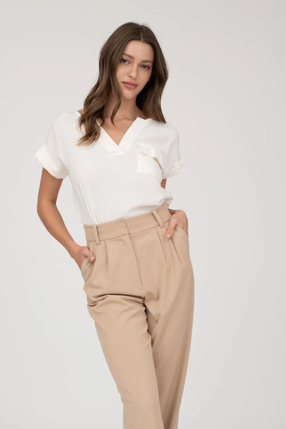Split Neck Back Button Top Cream